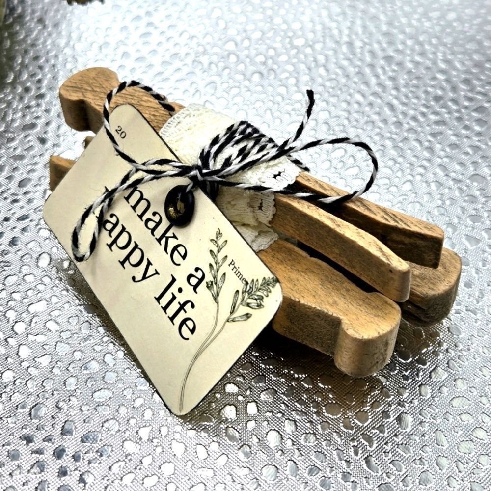 "5/$40" Set Of 3 Vintage Wood Lace Wrapped Clothespins W/Hangtag, Vignette Decor